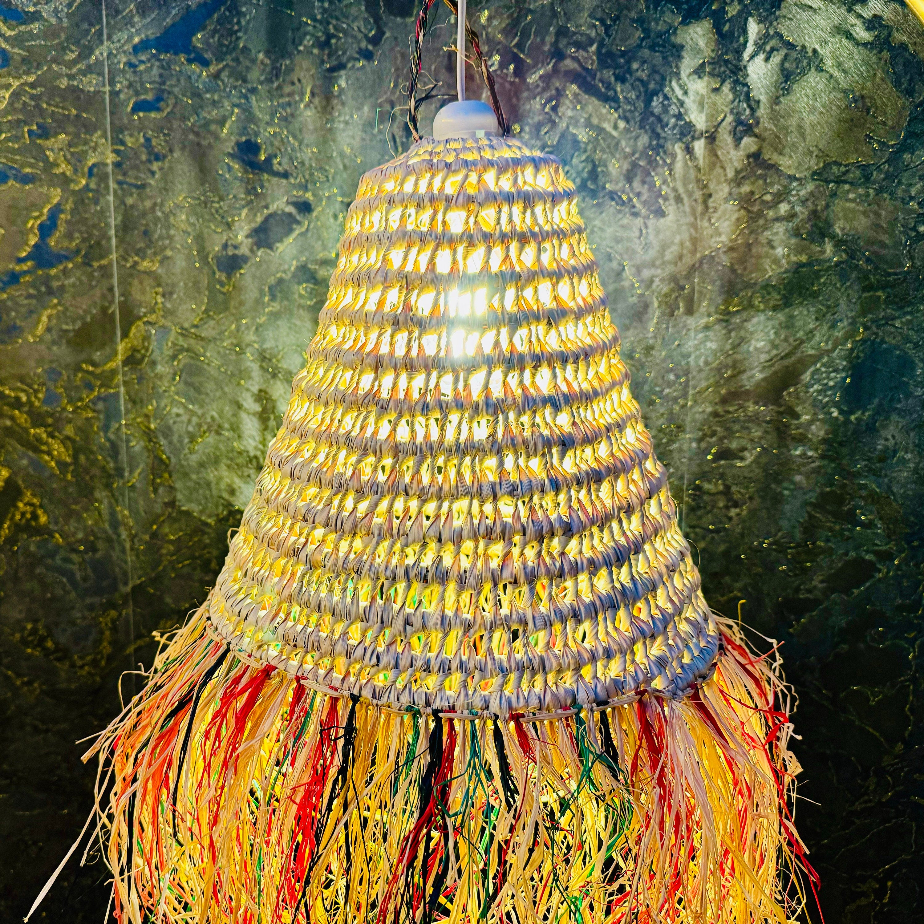 Handcrafted Braided Pendant Lamp in Natural Palm Fiber - Eco-Friendly Boho Lighting with Moroccan Flair