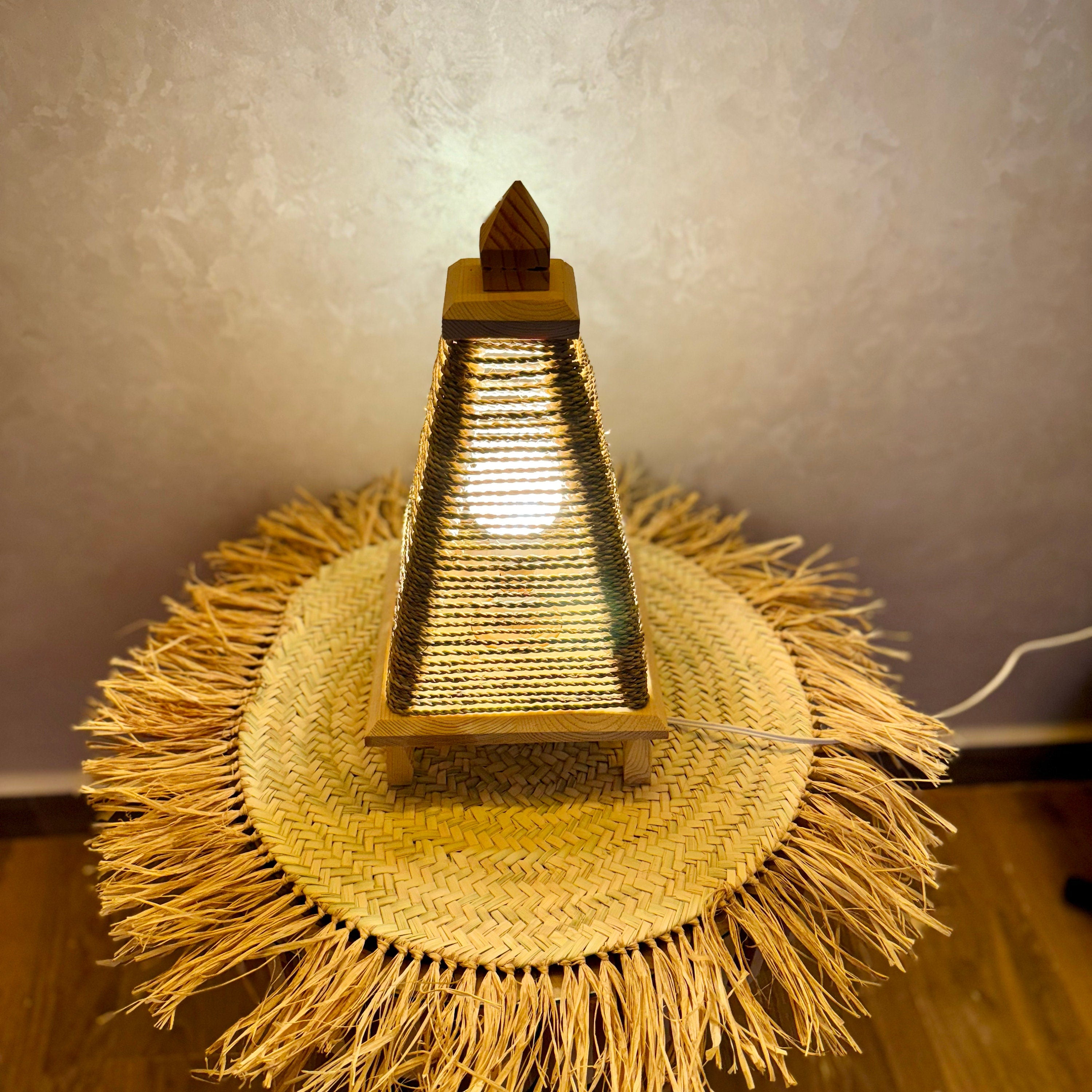 Handmade Moroccan Pyramid Straw Table Lamp - Boho Decor, Boho Lighting, Wooden Base Lamp, Eco-Friendly Lighting