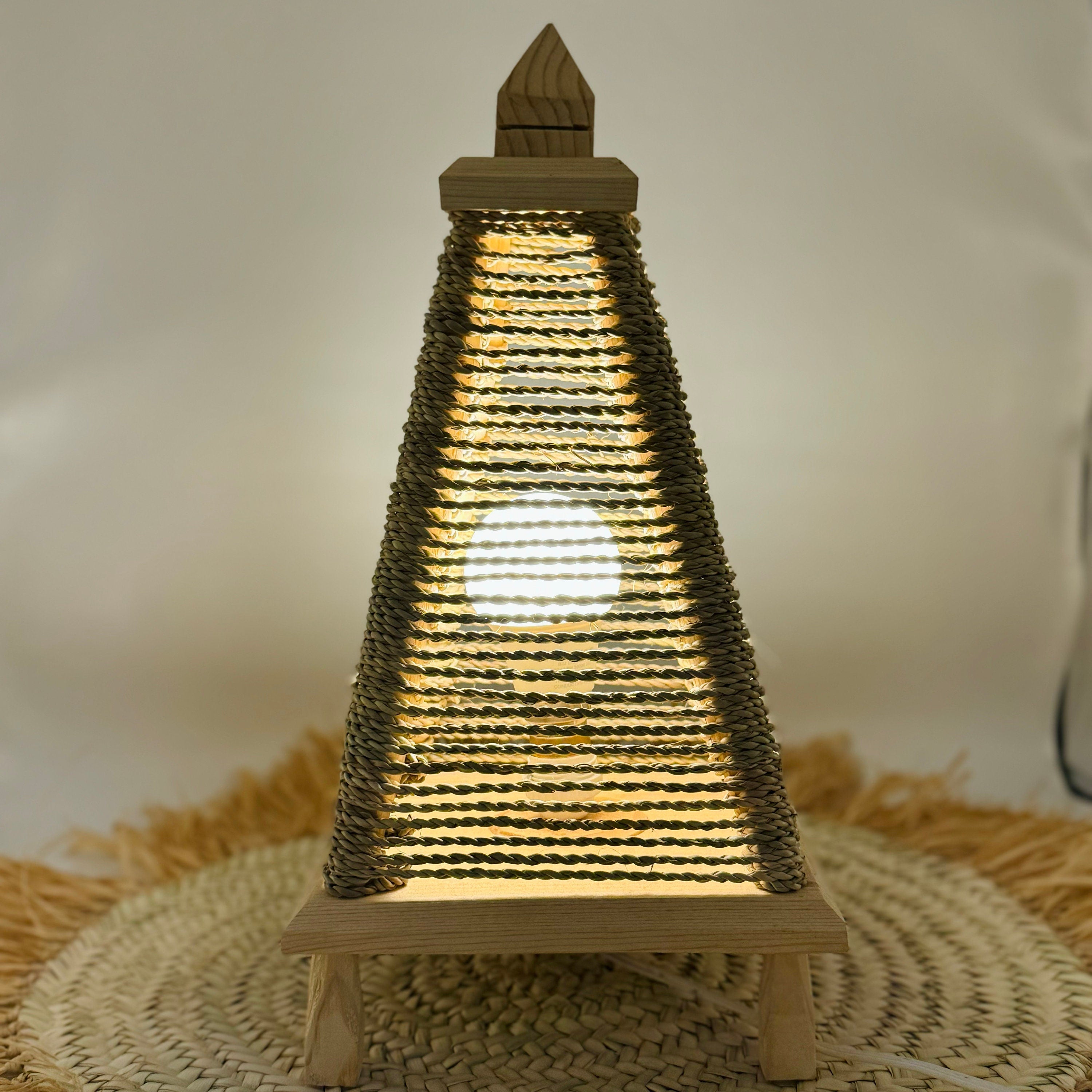 Handmade Moroccan Pyramid Straw Table Lamp - Boho Decor, Boho Lighting, Wooden Base Lamp, Eco-Friendly Lighting