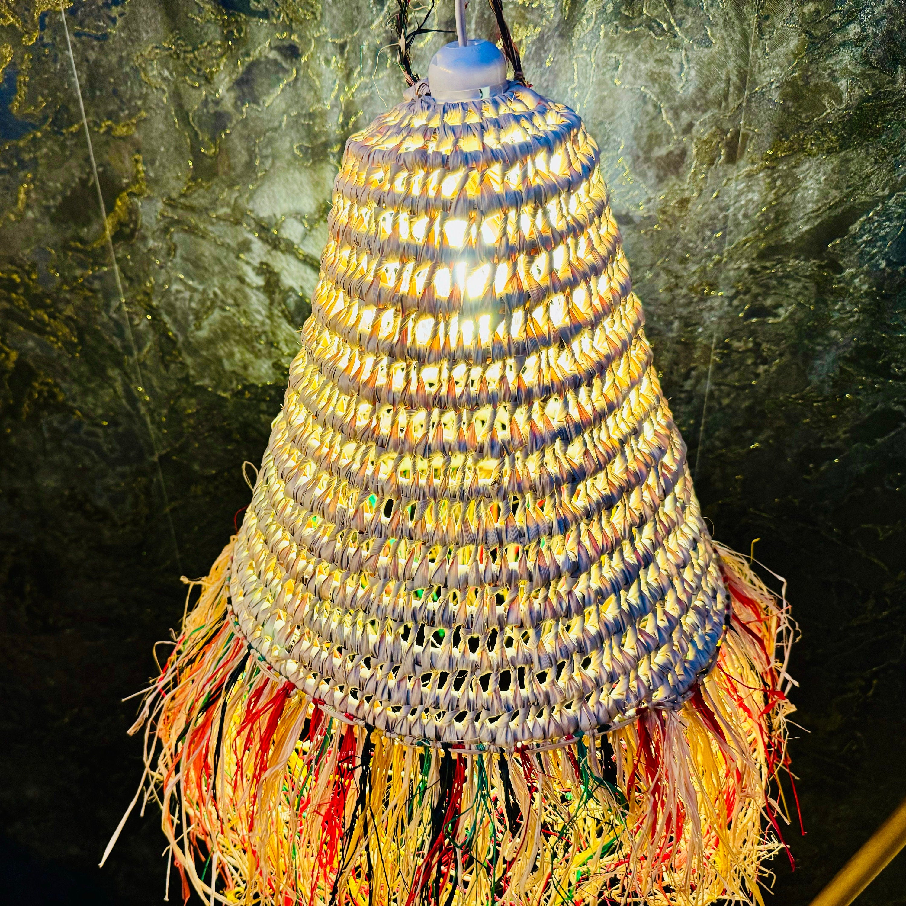 Handcrafted Braided Pendant Lamp in Natural Palm Fiber - Eco-Friendly Boho Lighting with Moroccan Flair