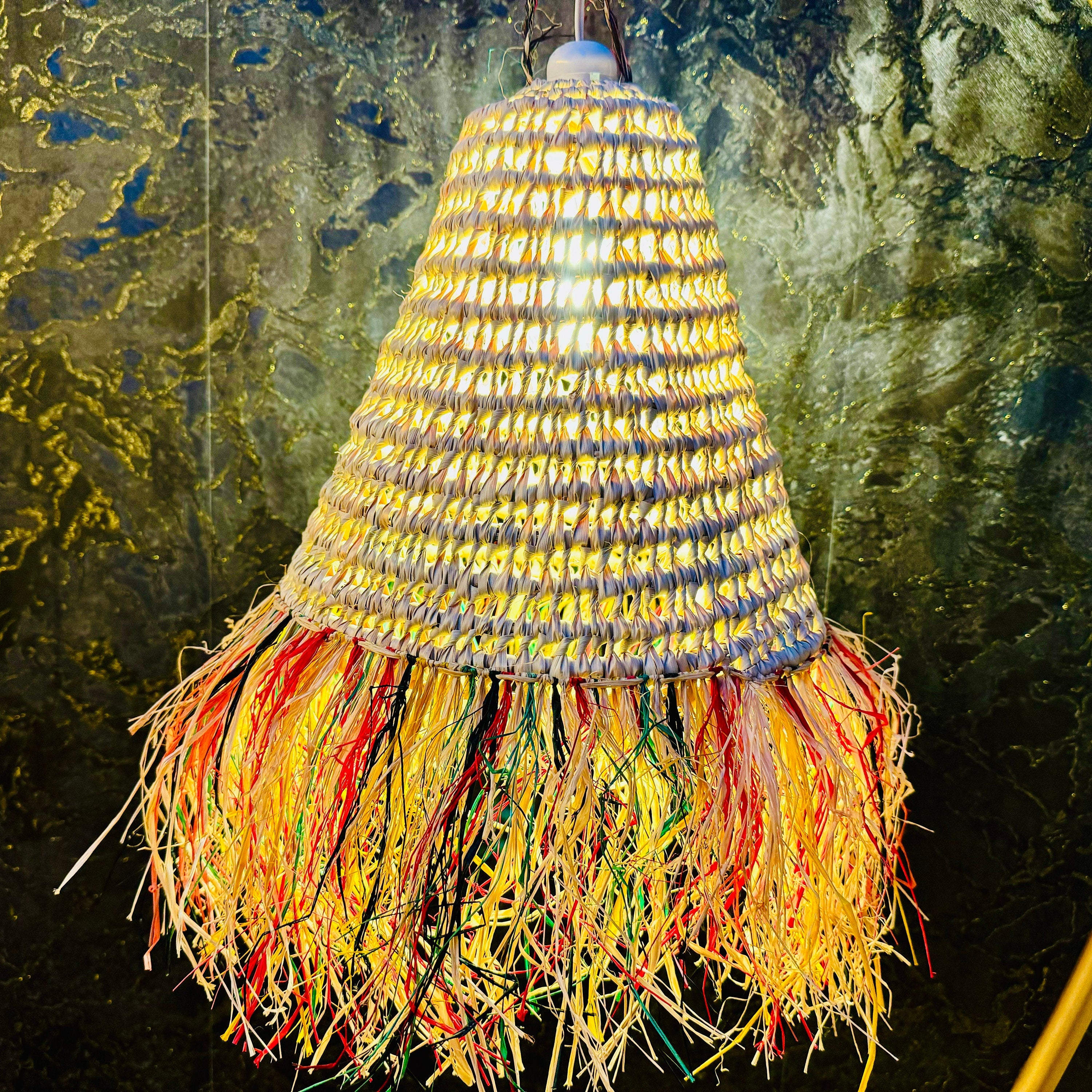 Handcrafted Braided Pendant Lamp in Natural Palm Fiber - Eco-Friendly Boho Lighting with Moroccan Flair