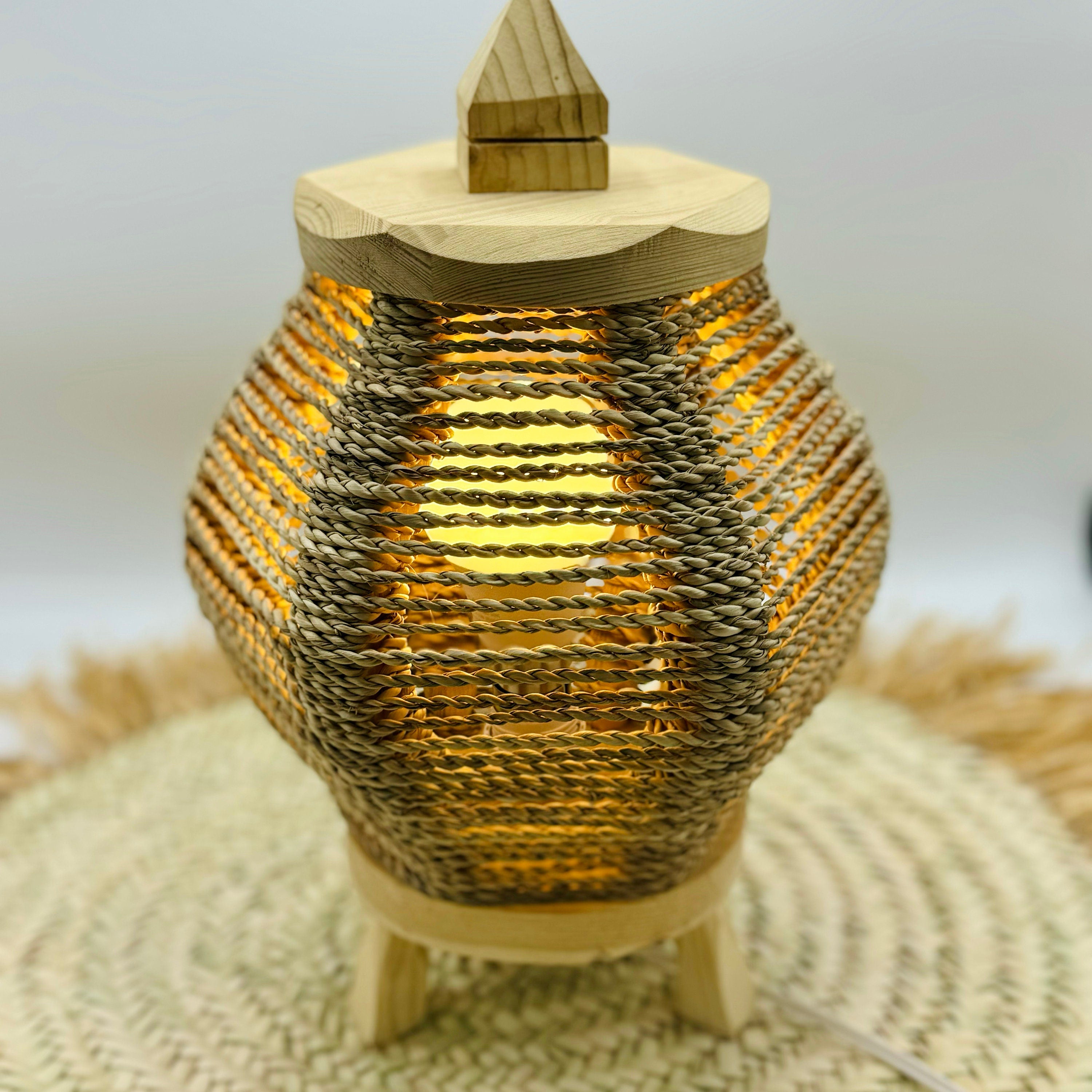 Handmade Moroccan Round Straw Table Lamp - Boho Decor, Boho Lighting, Wooden Base Lamp, Eco-Friendly Lighting