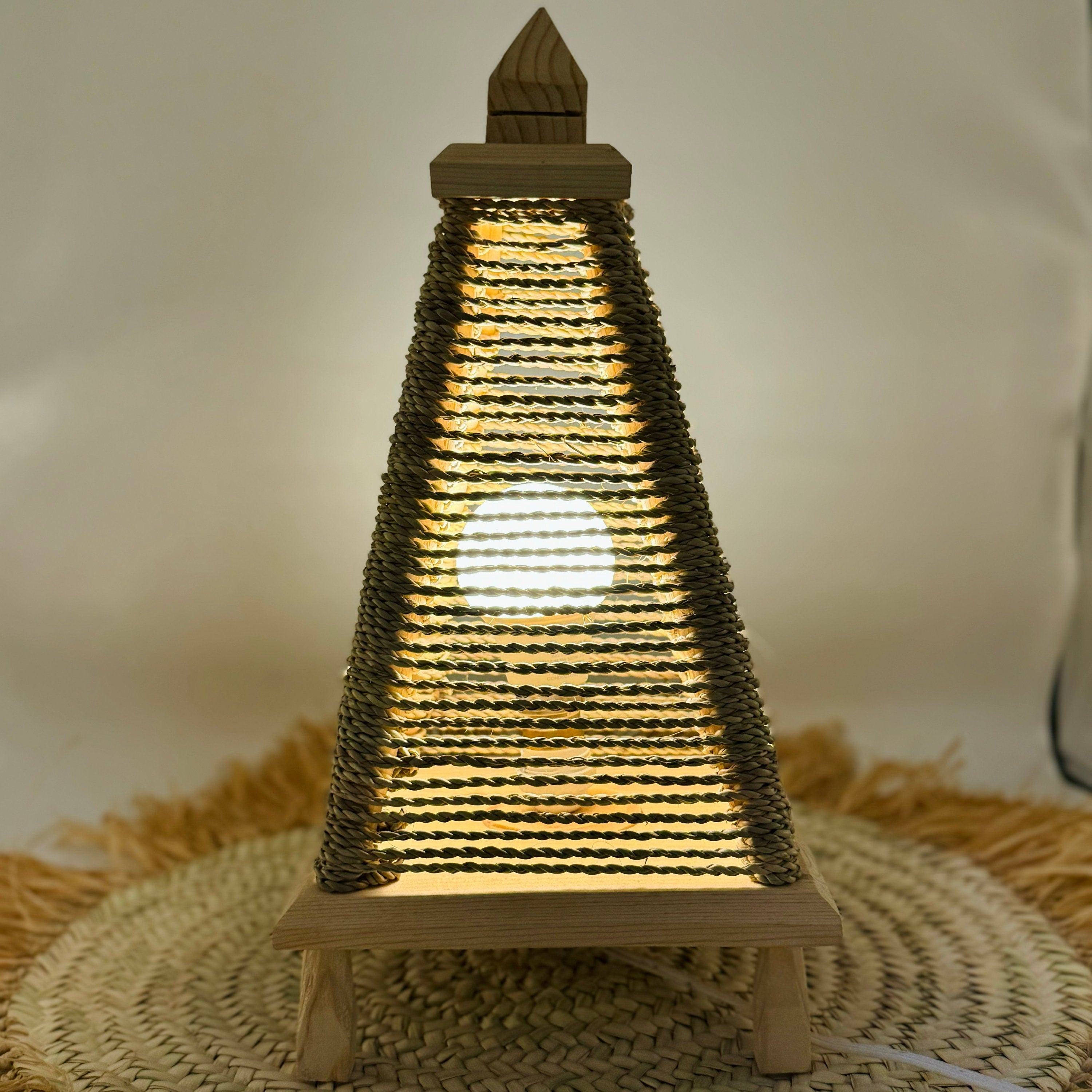 Handmade Moroccan Pyramid Straw Table Lamp - Boho Decor, Boho Lighting, Wooden Base Lamp, Eco-Friendly Lighting