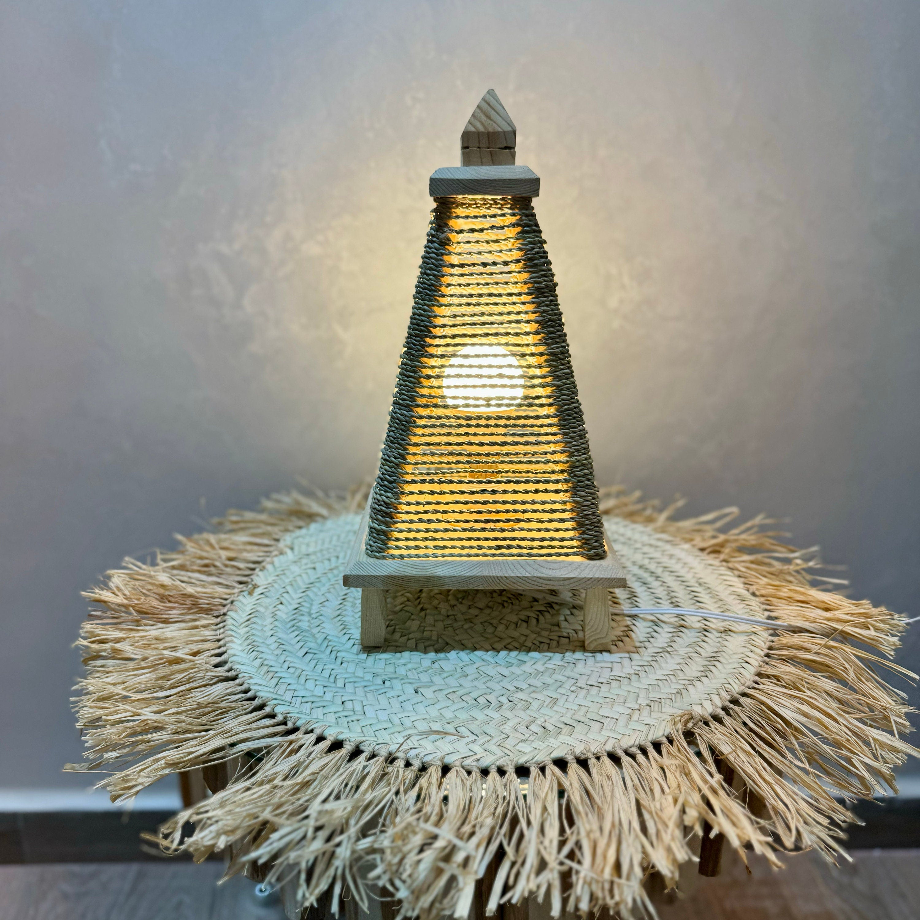 Handmade Moroccan Pyramid Straw Table Lamp - Boho Decor, Boho Lighting, Wooden Base Lamp, Eco-Friendly Lighting